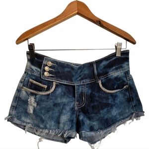 Rue 21 Denim Distressed Jean Shorts Size 5/6 Blue Denim Raw Hem Embellished